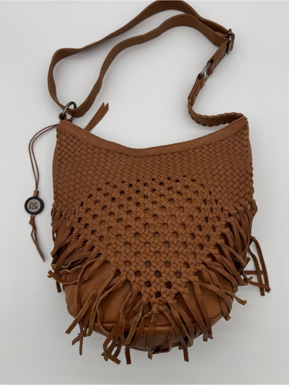 The Sak Filmore Shoulder Bag Tobacco Woven Fringe Adjustable Strap Women’s